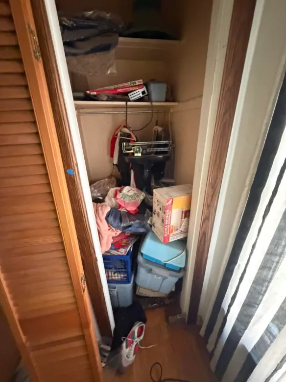 Closet packed with bins, clothes and boxes